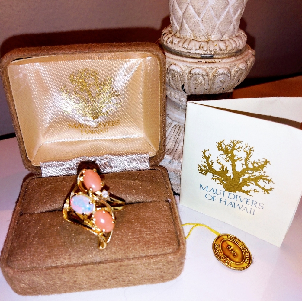 Maui Made Opal, Pink Coral, Diamond, 14kt ring
